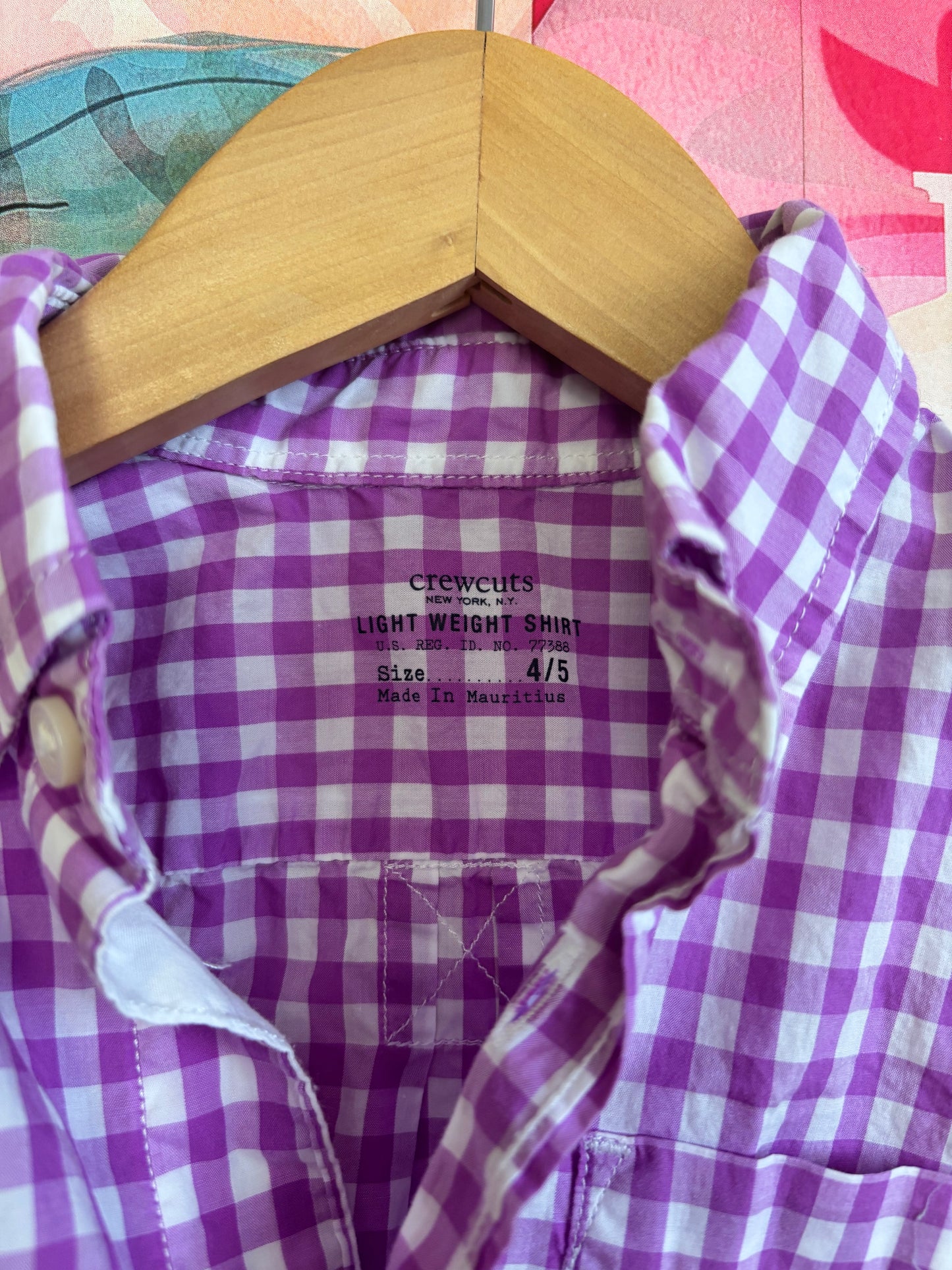Crewcuts purple & white checkered button down shirt. Size 4T / 5T