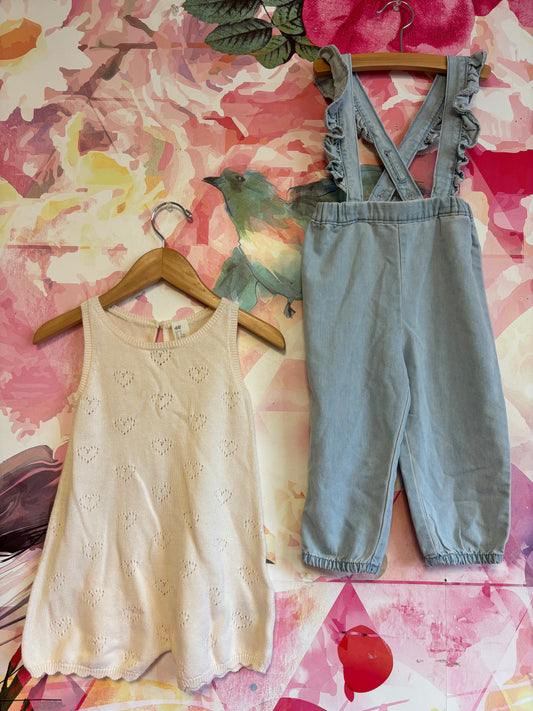 2 H&M rompers. Cream knit sleeveless with hearts and scalloped hem. Light blue denim adjustable overalls. Both size 2T