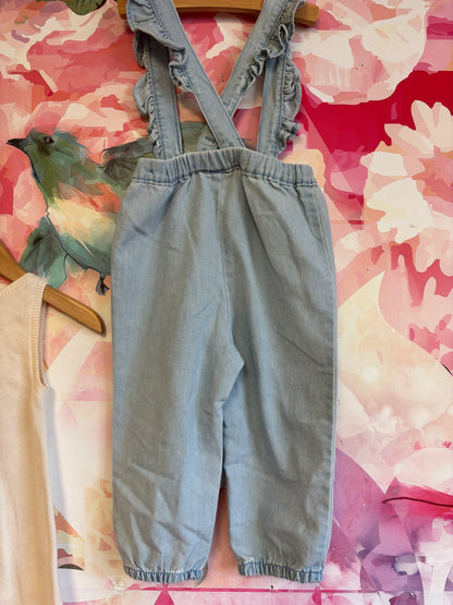 2 H&M rompers. Cream knit sleeveless with hearts and scalloped hem. Light blue denim adjustable overalls. Both size 2T