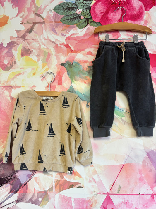 Oh Baby! Beige Terry Cloth Top With Sailboats. Beans Gray Terry Cloth Joggers. Size 12-18m.