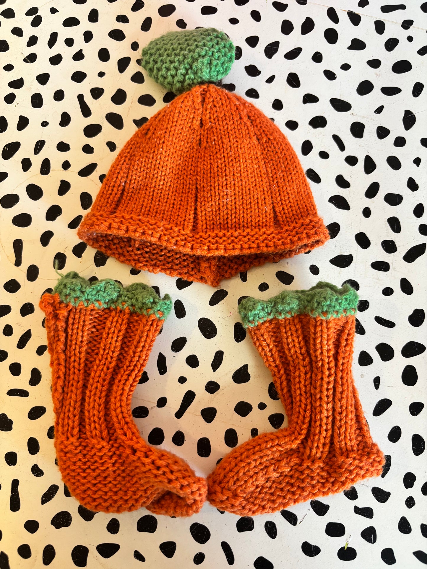 Little Me Orange & Green Pumpkin Knit Hat & Booties. Size 0-3m.