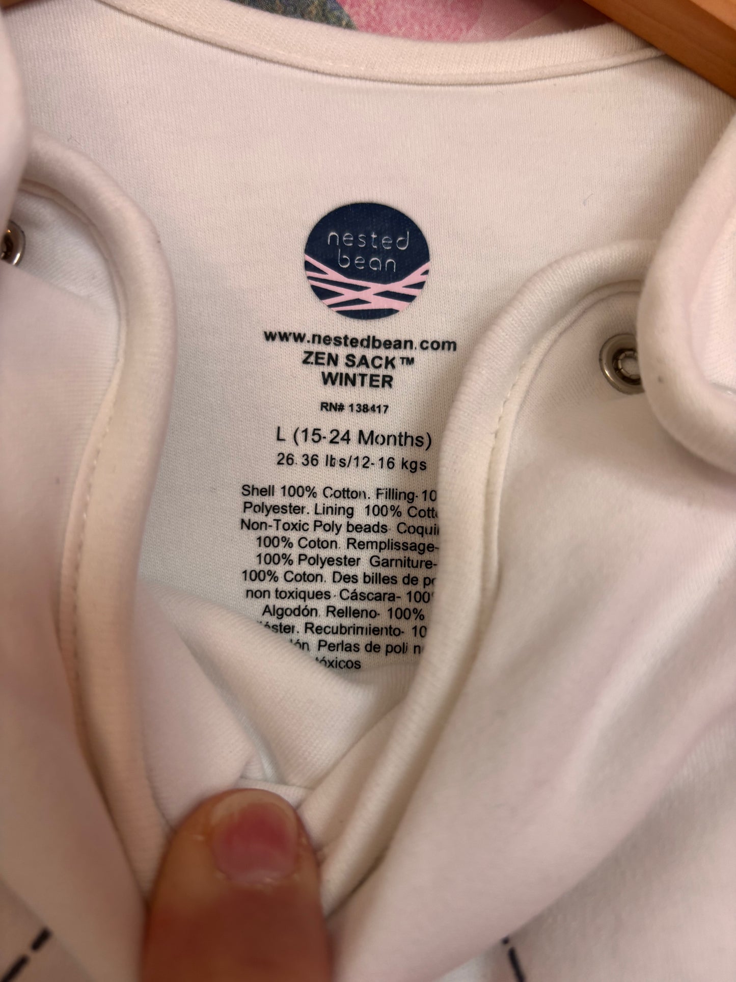 Nested Bean white sleep sack. Zen Sack Winter. Size Large. 15-24m