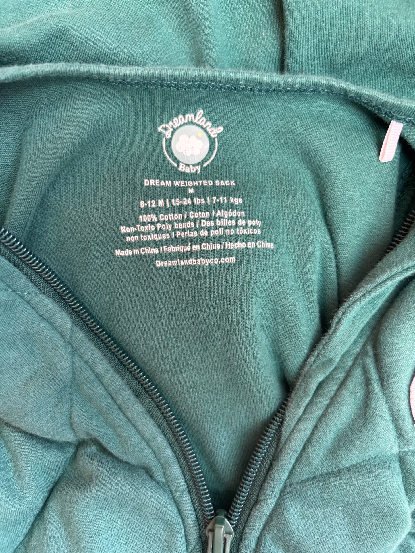 Dreamland Baby green weighted sleep sack. Size 6-12m