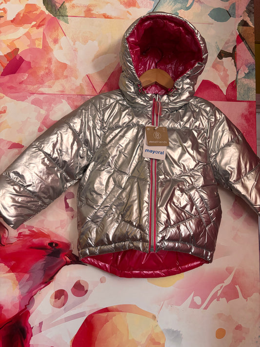 Mayoral silver puffy coat with hood & pink lining. NEW WITH TAGS. Size 4T