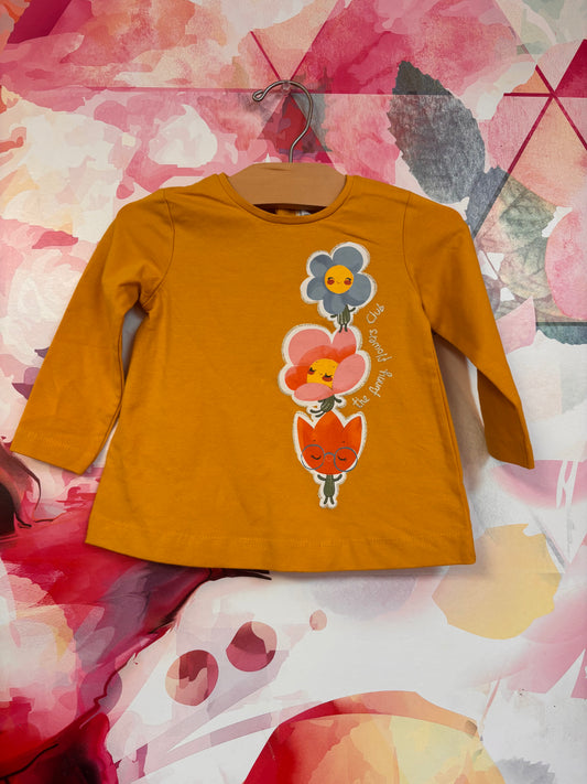 Mayoral yellow long sleeve top with blue, pink & orange smiling flowers. NEW WITH TAGS. Size 6m