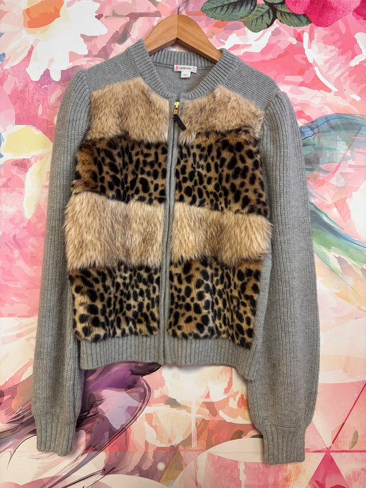 Crewcuts grey zip cardigan sweater with leopard faux fur wool blend. Size 12.